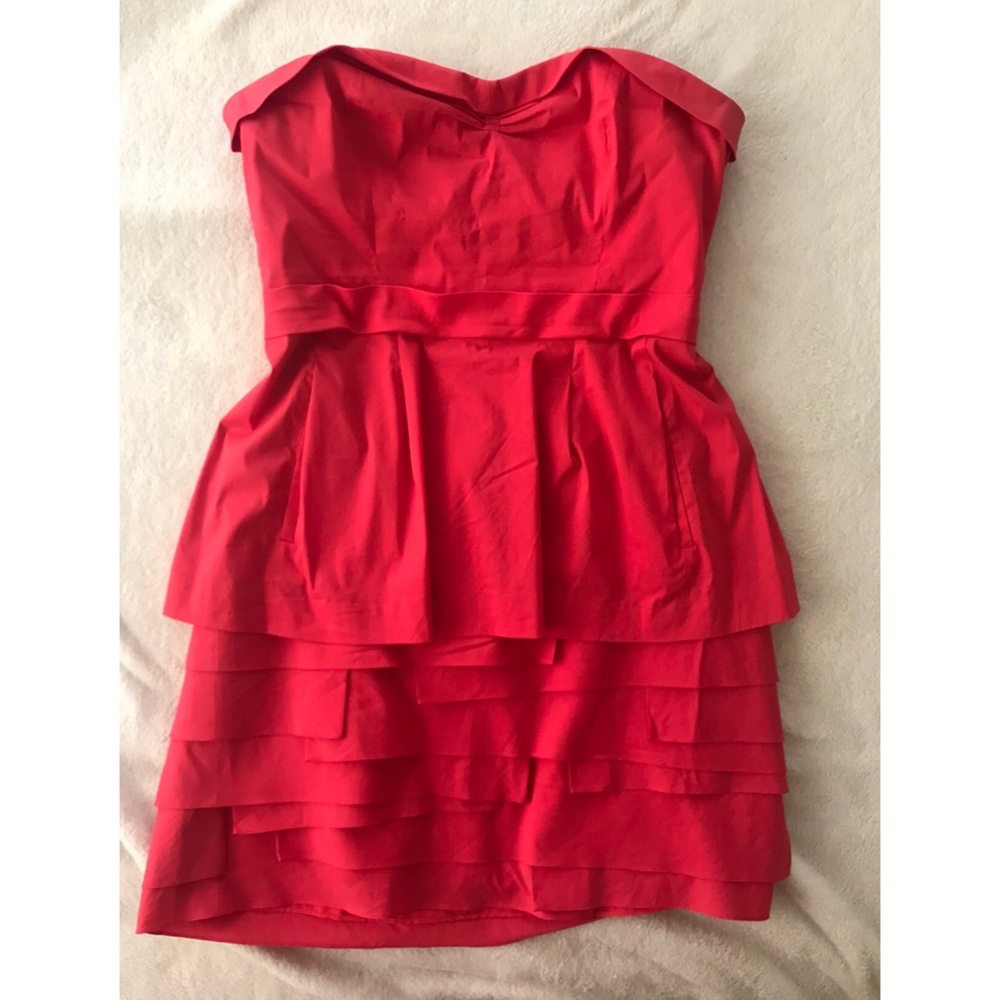 BCBG Pink-Red Strapless Peplum Cocktail Dress